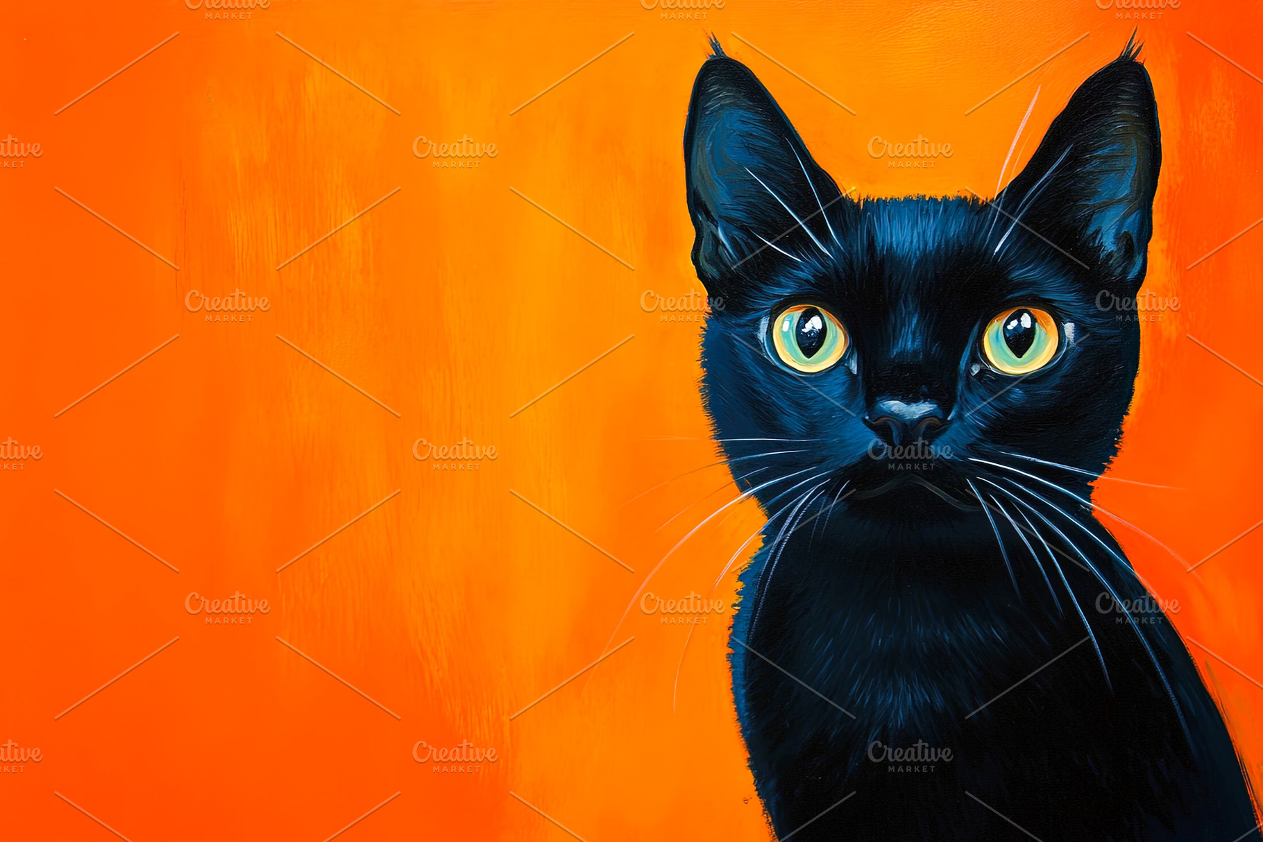 Black cat painting on vibrant orange background, a Background Photo by Ales Munt