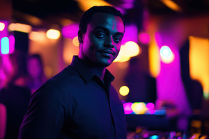 Man in dark shirt poses confidently, a Photo by Tanuart