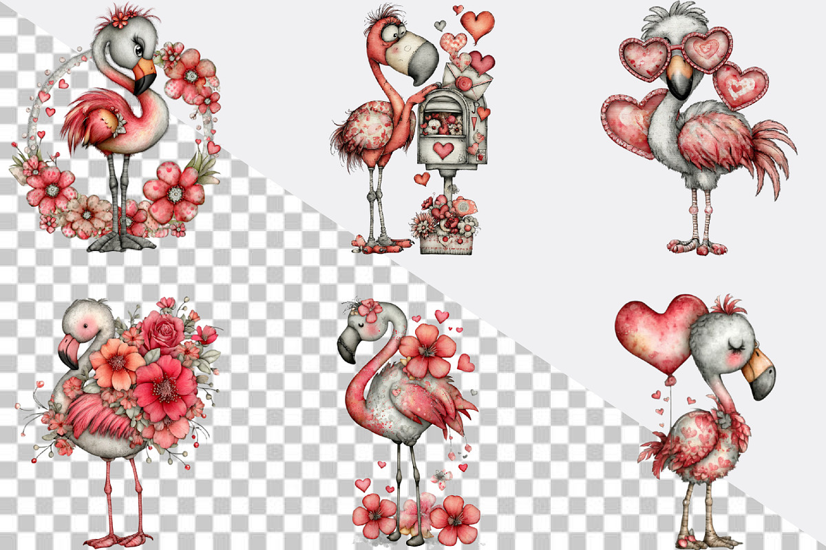 Whimsical Valentine Flamingo Clipart, an Illustration by SVGArt (Photo 4 of 8)