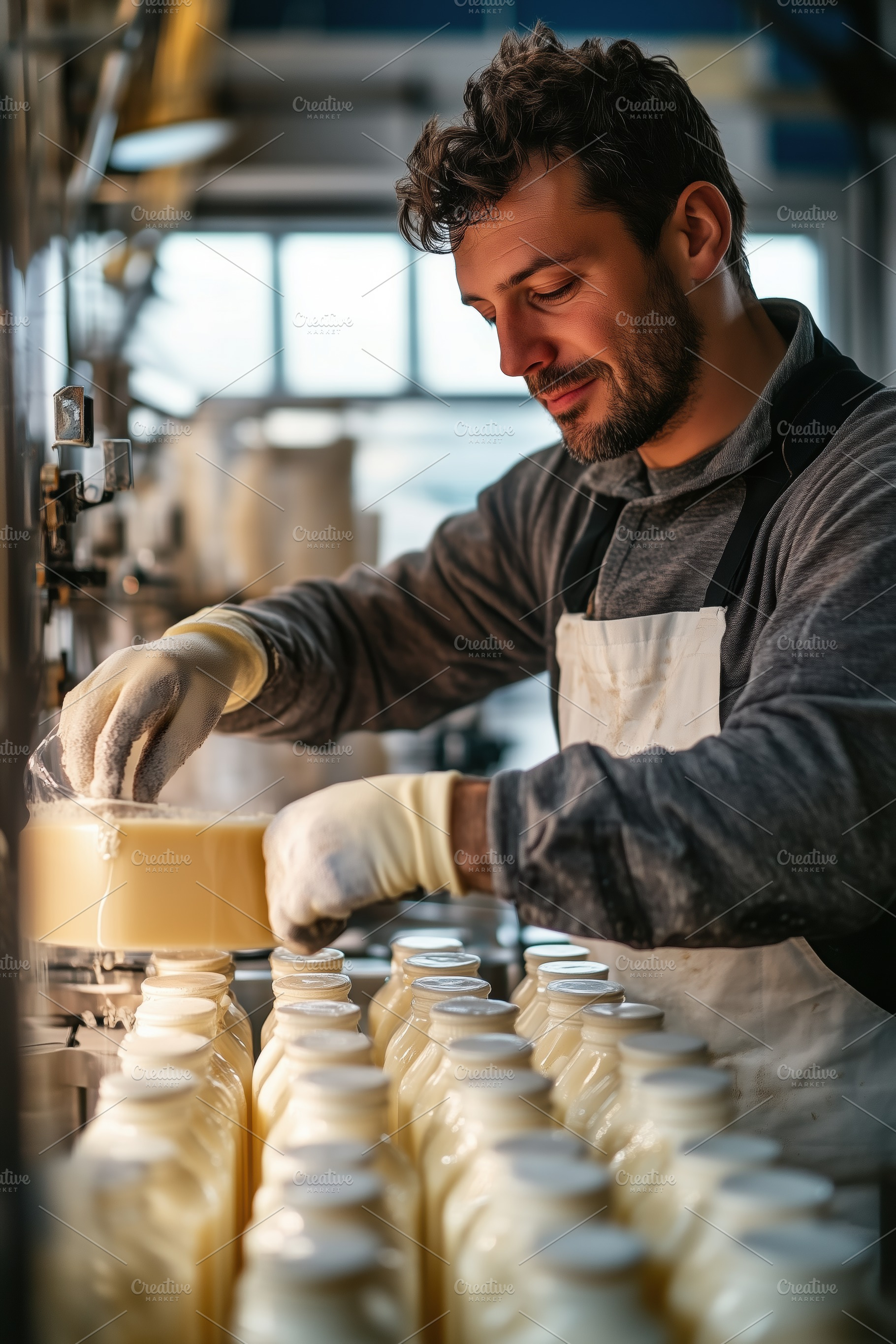 A Whole Milk and Fermented Milk Production Master man in an apron carefully fil, a Person Photo by Textures & Backgrounds