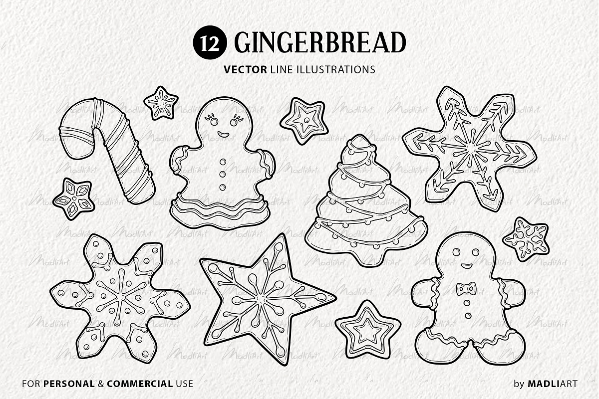 Gingerbread Vector Line Art, an Illustration by MadliArt
