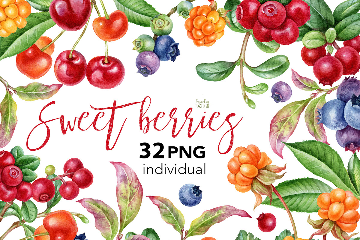 Watercolor berries clip art., a Food Illustration by Mary (Photo 1 of 4)