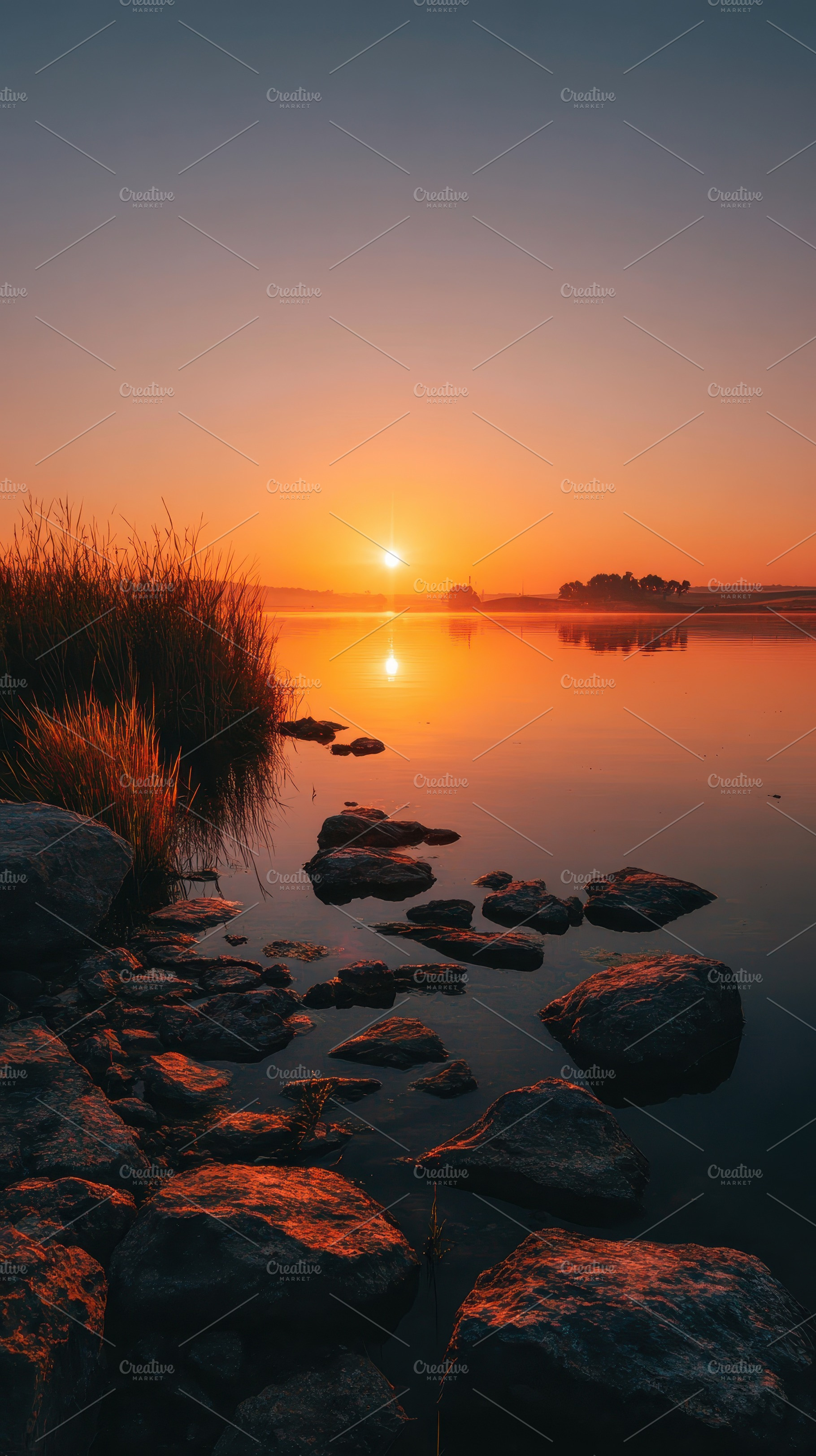 Sunset over calm lake rocks reflecti, a Photo by Pixeness Studio