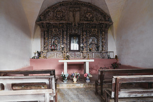 Rustic chapel altar with benches, an Architecture Photo by SkyNext