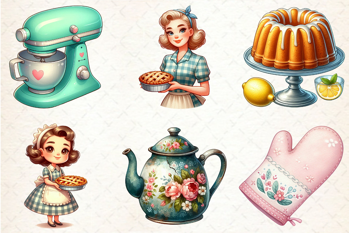 Retro Watercolor Kitchen Clipart, a Seasonal Illustration by Rose Art (Photo 3 of 4)