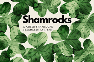 10 Shamrocks and a Seamless Pattern, an Object Illustration by Helga Wigandt
