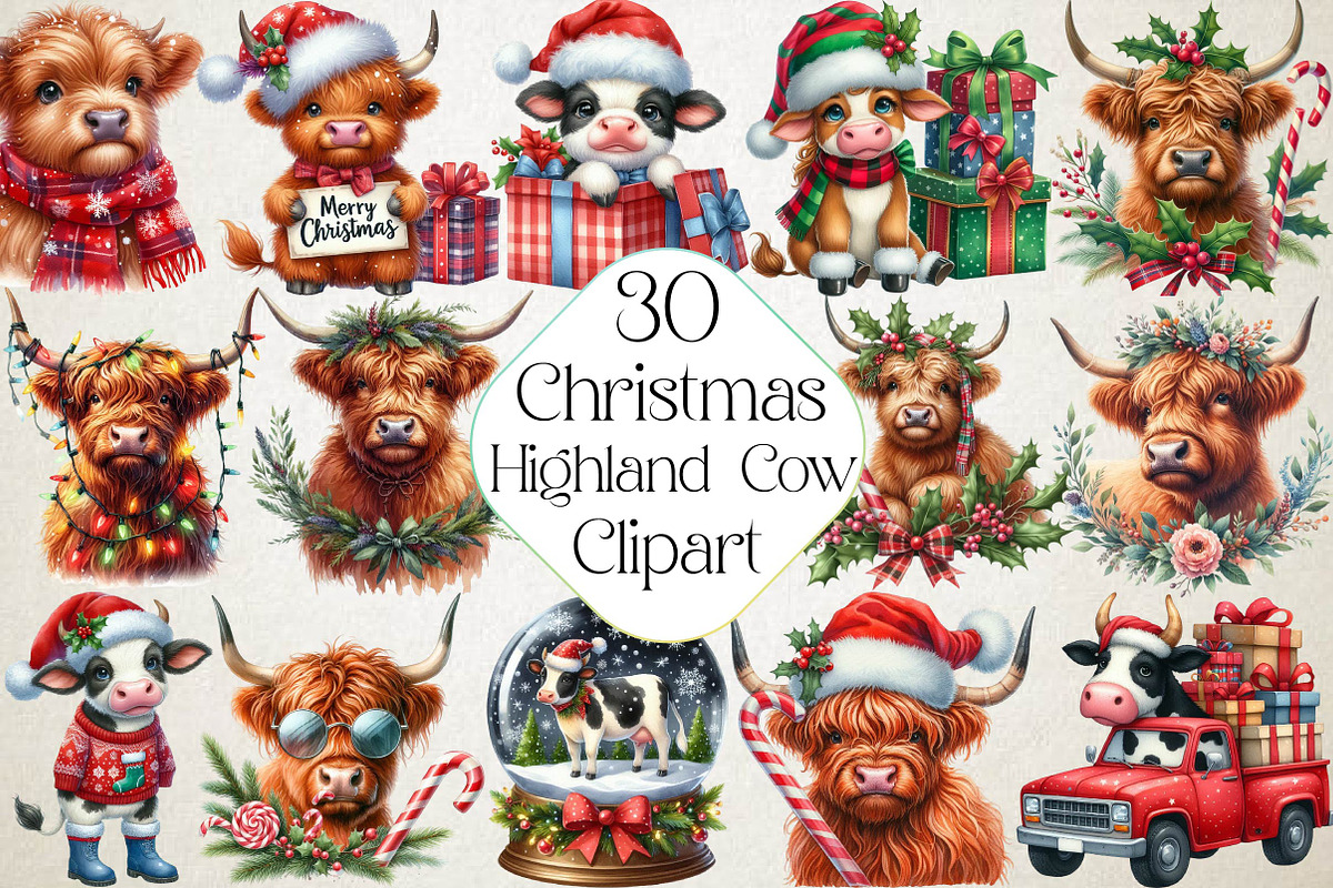 Christmas Highland Cow Clipart Bundl, an Illustration by DreamPrint404 (Photo 1 of 4)