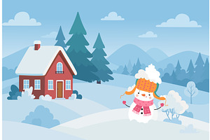 Snowman winter landscape. Seasonal, an Object Illustration by Valerie Bodnar
