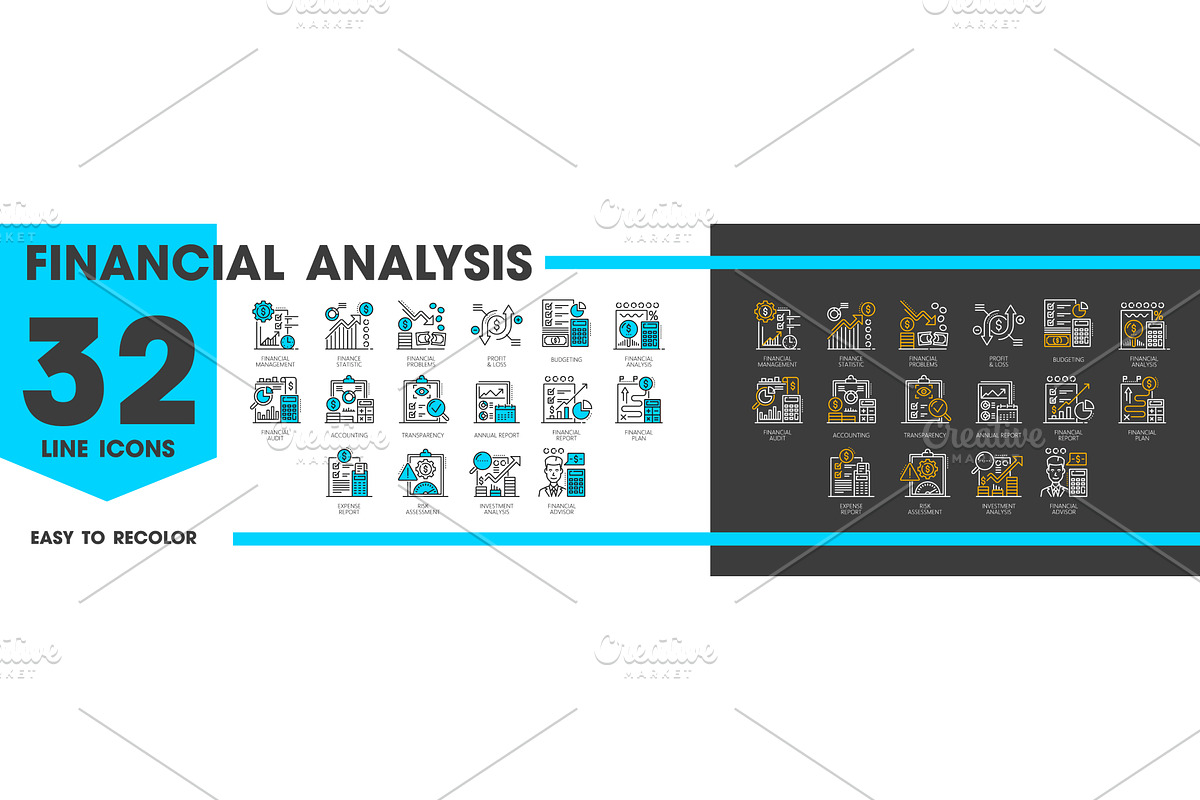 Line icons of financial analysis, a Finance Illustration by Vector Tradition