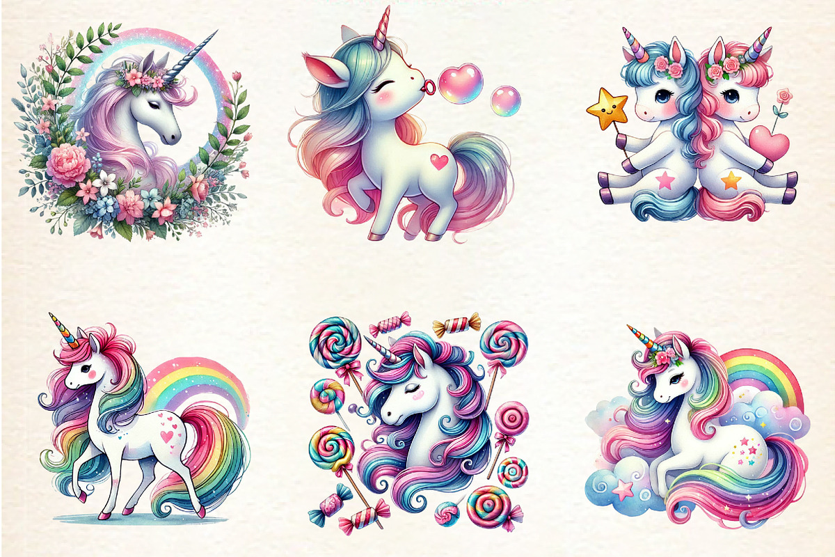 Unicorn Clipart, Cute Unicorns, a Seasonal Illustration by DreamArtGraphic (Photo 2 of 5)