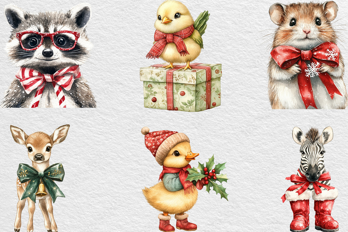Cute Animal Christmas With Bow, an Illustration by Black Bird Studio (Photo 2 of 6)