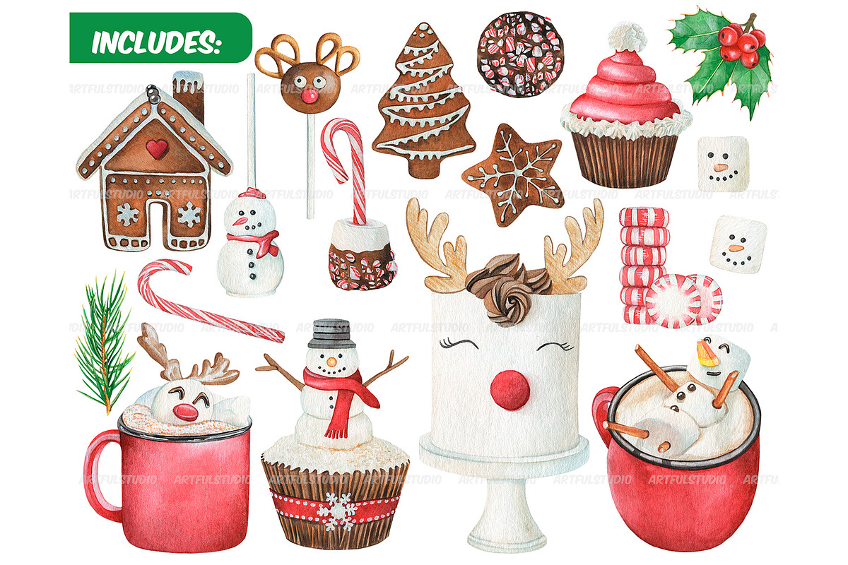 Watercolor Christmas Sweets Clipart, a Food Illustration by ArtfulStudio (Photo 2 of 10)