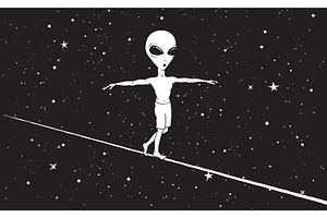 Cute Alien Walks On A Tighrope In