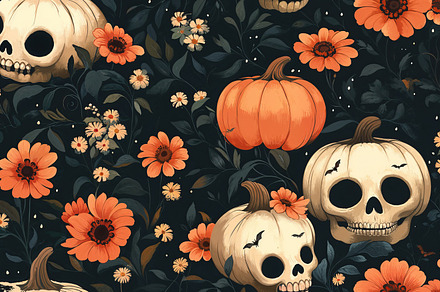 Spooky Halloween background with skulls and pumpkins. Generative AI, a Background Photo by OSORIOartist