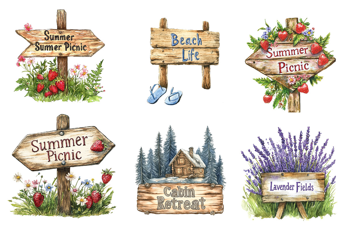 Summer Wooden Sign Board Clipart, an Illustration by CreationArt (Photo 3 of 5)