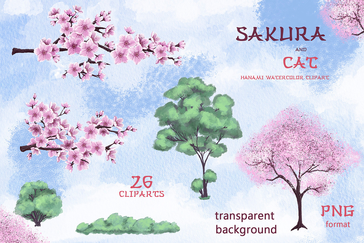 Sakura and Cat. Hanami watercolor, an Illustration by Maycat_store (Photo 7 of 11)