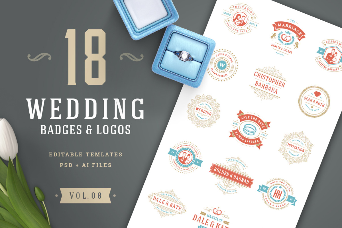 18 Wedding Logos and Badges, a Branding & Logo Template by Vasya Kobelev (Photo 1 of 13)