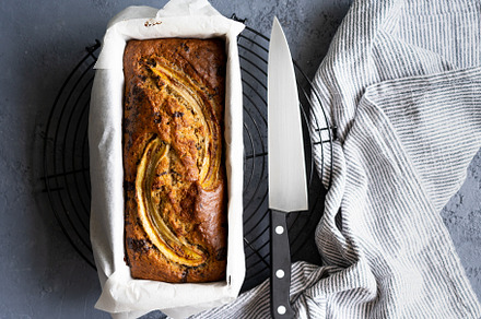 Freshly made banana bread with dark chocolate chips