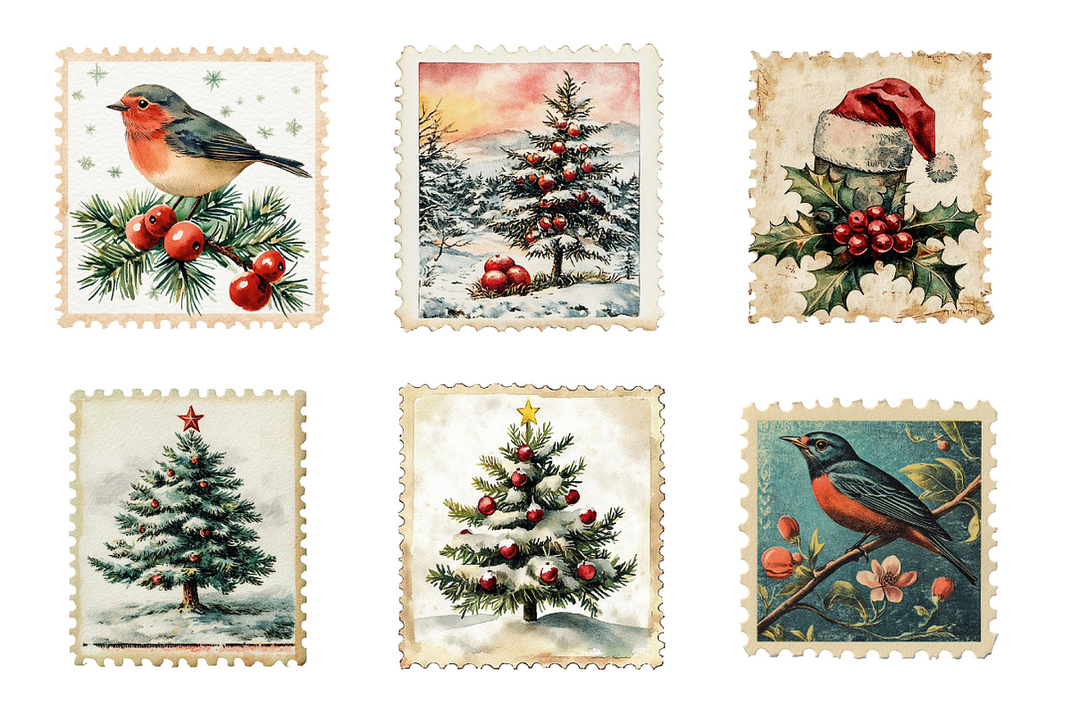 Vintage Christmas Stamps Png Bundle, an Illustration by SinaCreation (Photo 5 of 7)