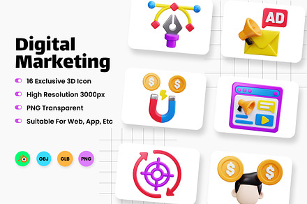 Digital Marketing 3D Icons, an Object 3D Model by HacaStudio