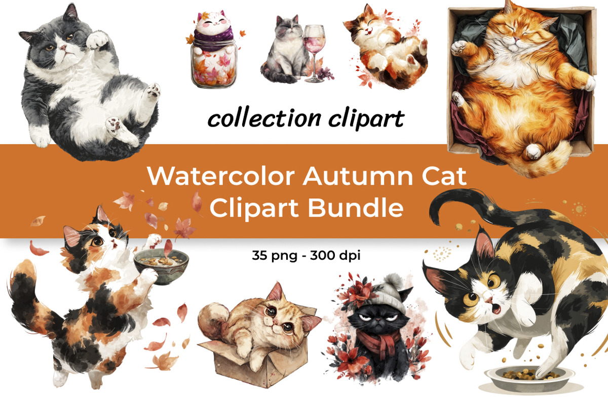 Watercolor Autumn Cat Clipart Bundle, an Animal Illustration by InkyQueenArt (Photo 1 of 5)