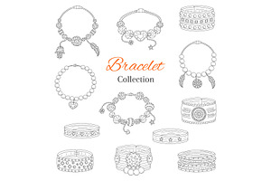 Fashionable Bracelets Collection, Vector Hand Drawn Doodle Illustration.