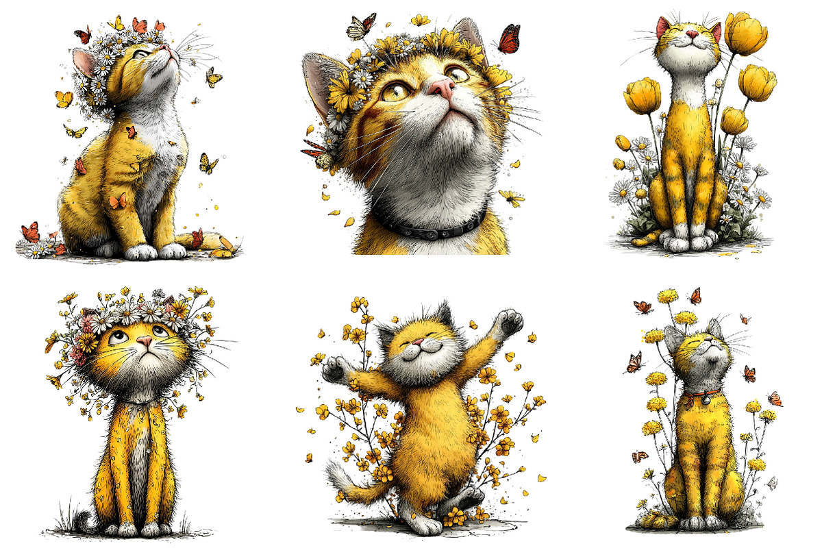 Whimsical Spring Cats Clipart, an Illustration by Dream Creation (Photo 2 of 6)