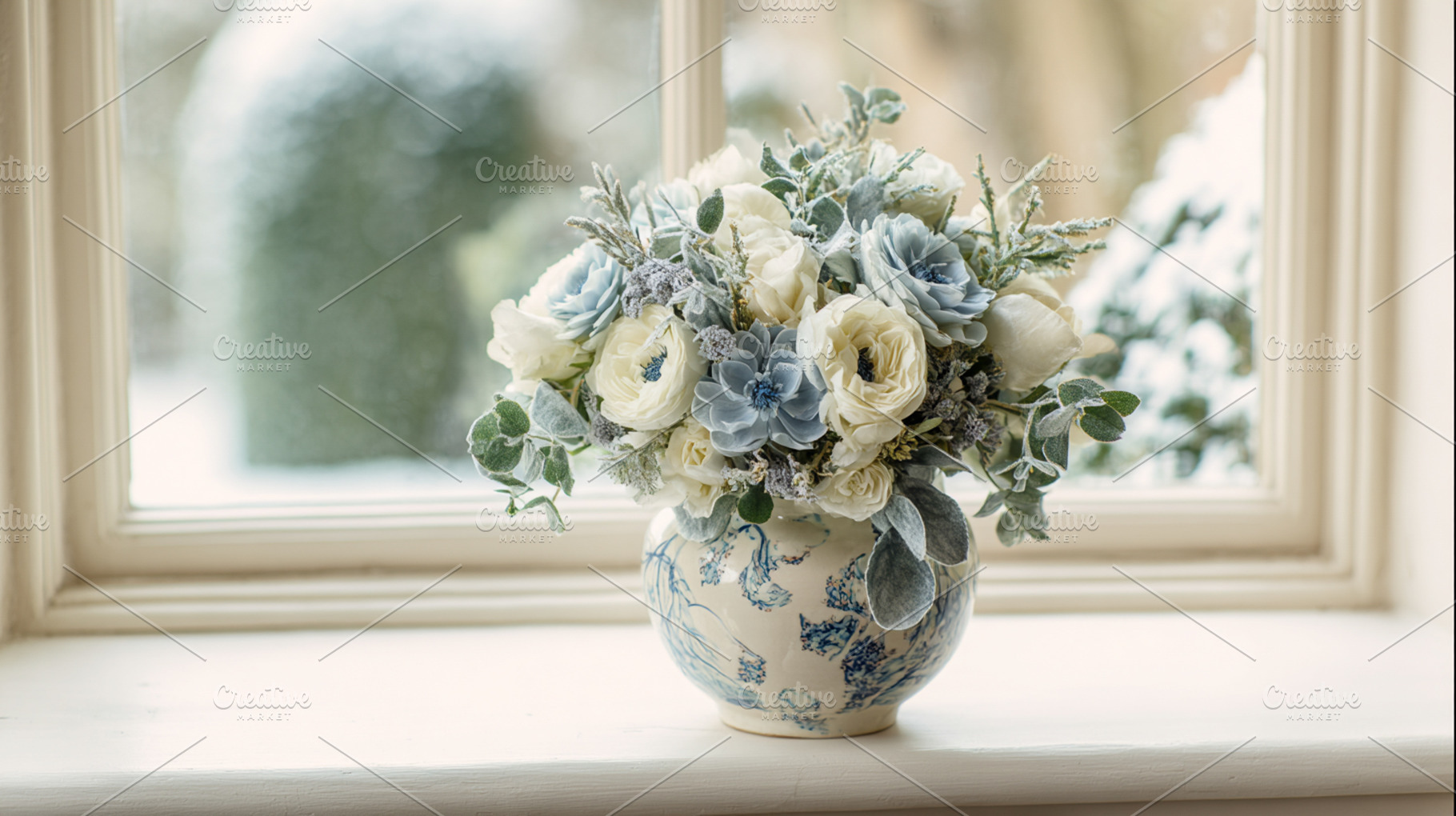 Winter bouquet featuring cream and blue flowers in ornate vase o, a Photo by Studio ANNA