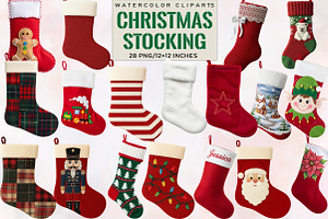 Watercolor Christmas Stocking Clipar, an Illustration by SVGArt