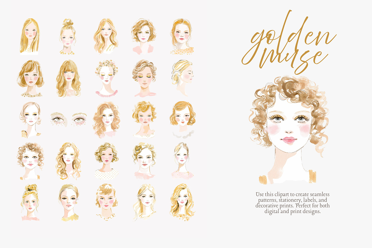 Golden muse clipart set, a Decorative Illustration by Patishop Art (Photo 2 of 10)