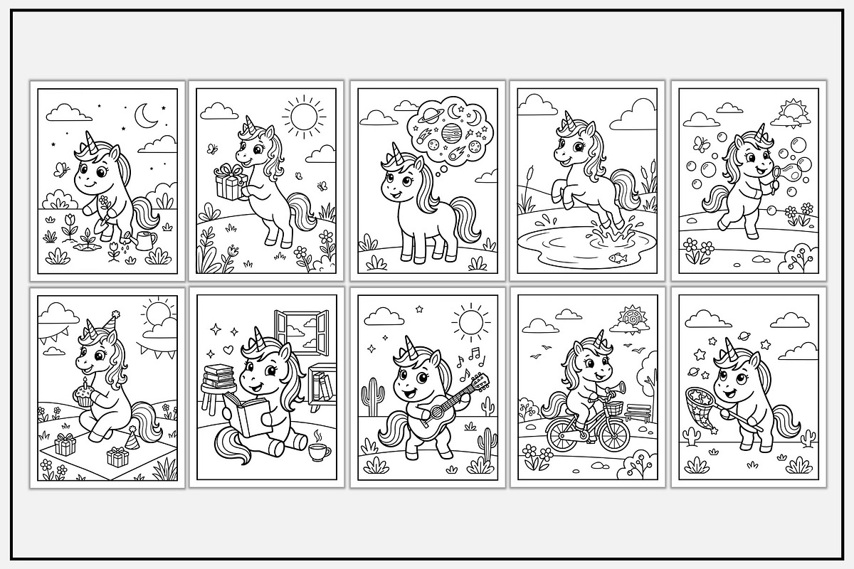 Unicorn Daily Routine Coloring Pages, an Animal Illustration by Lamia Emad (Photo 2 of 5)