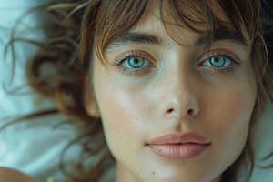 Close-up portrait of a young woman with striking blue eyes and soft features, e, a Person Photo by ImageMir