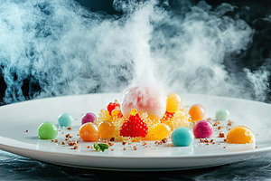 Gourmet molecular dessert featuring colorful spheres and steam on a white plate, a Food & Drink Photo by AlyaAnd
