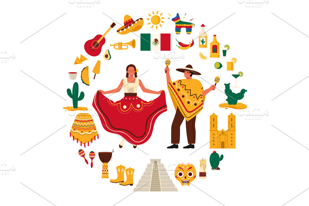 Mexico culture elements and landmark, an Object Illustration by Flashvector