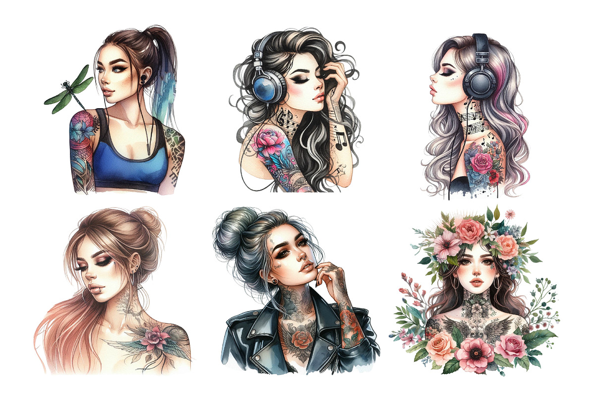Tattooed Beautiful Girl Clipart Bund, an Illustration by Daily.Designs (Photo 2 of 2)