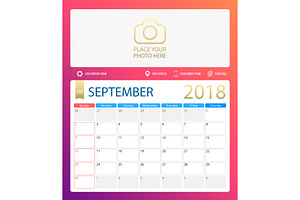 SEPTEMBER 2018, Illustration Vector Calendar Or Desk Planner, Weeks Start On Sunday