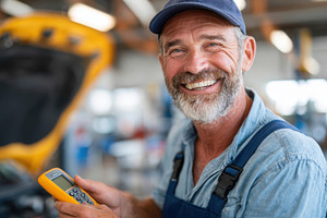 Smiling mechanic using car scanner in garage, an Industrial Photo by AlyaAnd