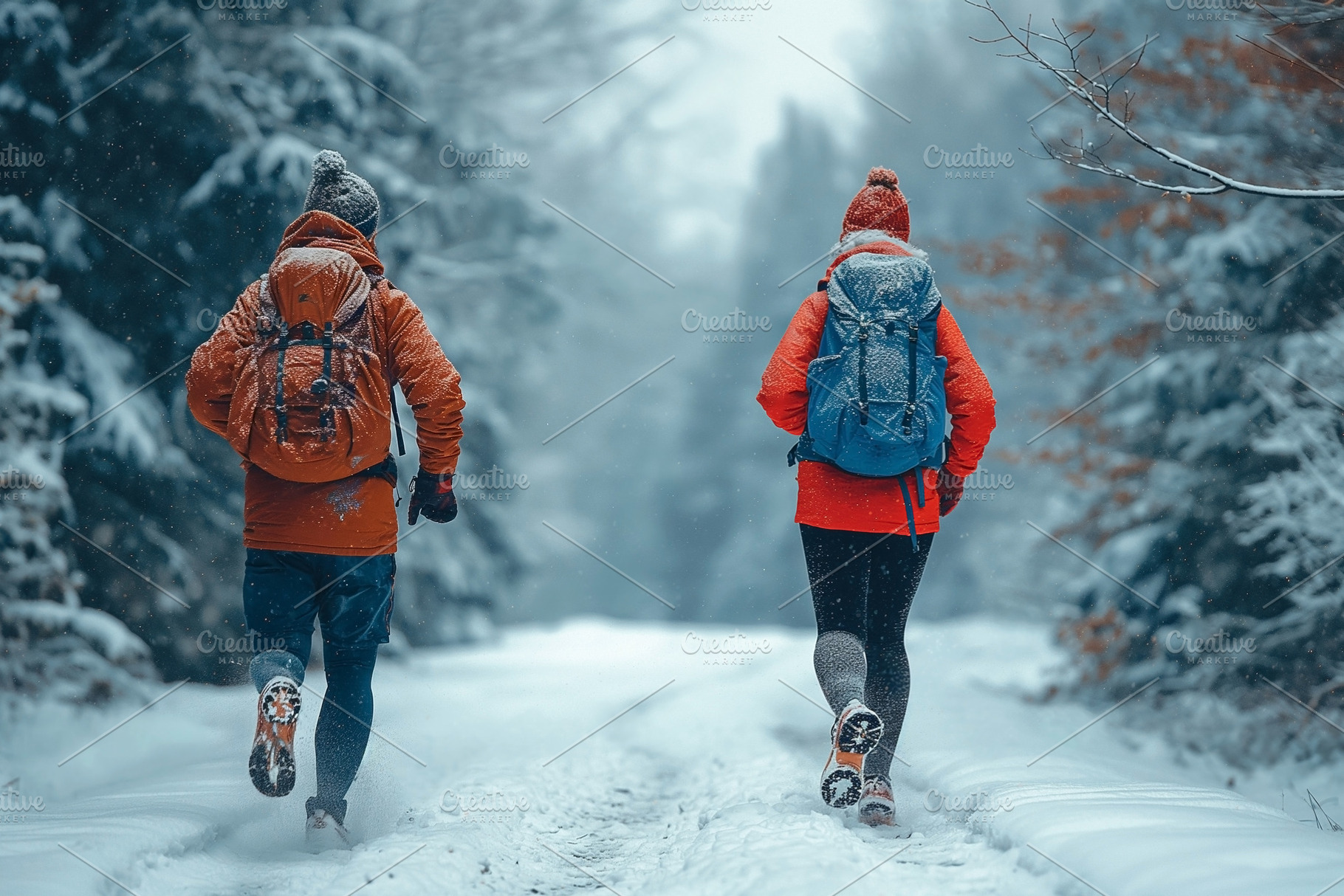 Two hikers, one male and one female, explore a snowy woodland path in winter, s, a Person Photo by ImageMir