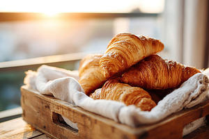 Croissants stacked in a rustic basket with a warm sunrise glow in the backgroun, a Food & Drink Photo by AlyaAnd