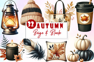 Beige & Black Autumn Clipart, an Illustration by Watercolor design