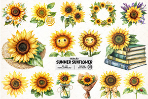 Watercolor Summer Sunflower Clipart, an Illustration by Pixels.Craft