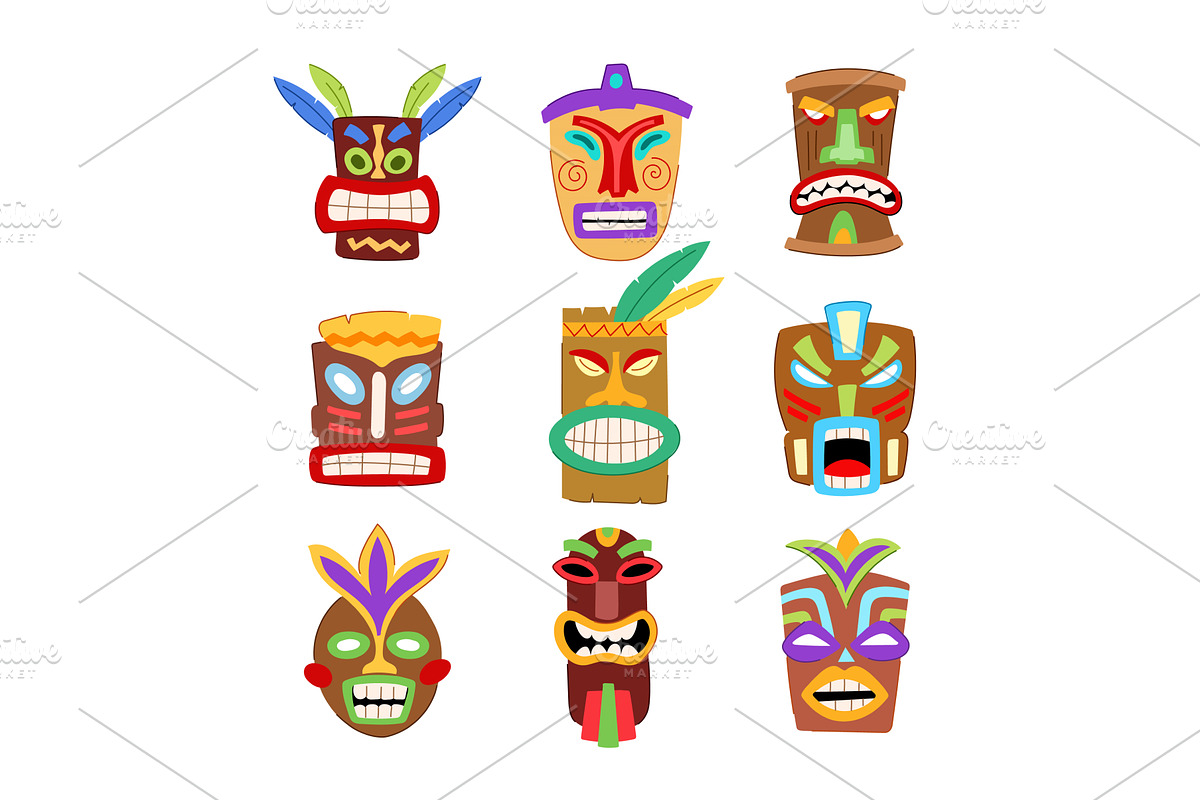 tiki mask set cartoon vector, an Object Illustration by pikepicture
