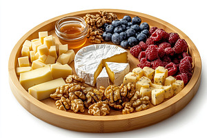 Cheese platter featuring brie, cheddar, and blue cheese with fruits and nuts in, a Food & Drink Photo by AlyaAnd
