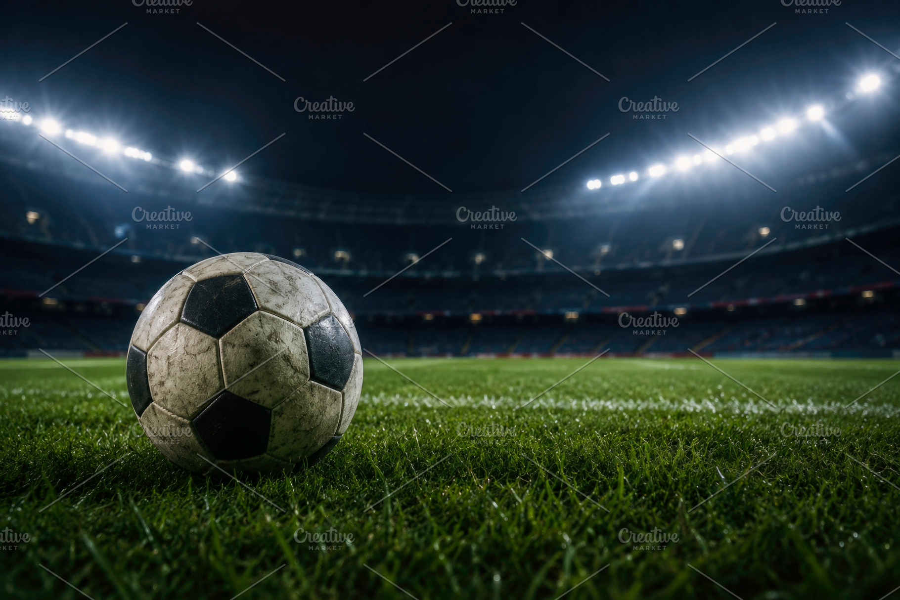 a soccer ball on a floodlit field, generative AI, a Photo by Nito