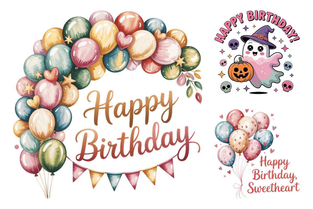 Happy Birthday Designs Bundle 25 PNG, a Decorative Illustration by Whimsy Brush Studio (Photo 7 of 9)