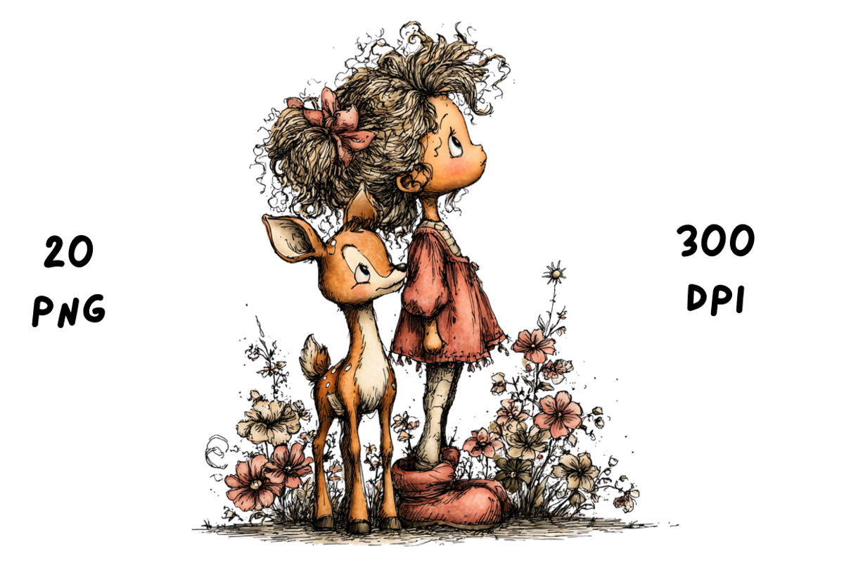 Whimsical Floral Girl & Deer Clipart, an Animal Illustration by GiraffeCreative (Photo 3 of 20)