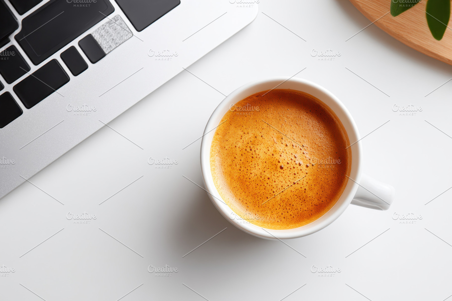 Frothy coffee in a white cup and laptop, a Food & Drink Photo by AlyaAnd