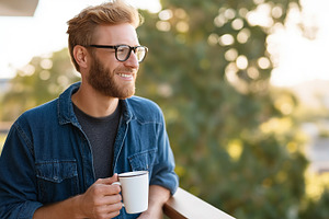 Smiling young man enjoying coffee, a Food & Drink Photo by MistyDay