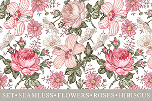 Set Seamless Flowers Rose Hibiscus