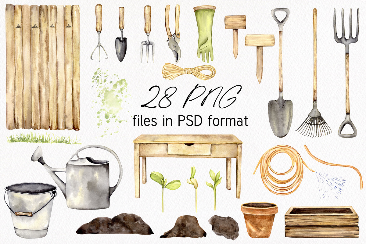 Garden Tools Watercolor Set, an Object Illustration by WatercolorElena (Photo 2 of 11)